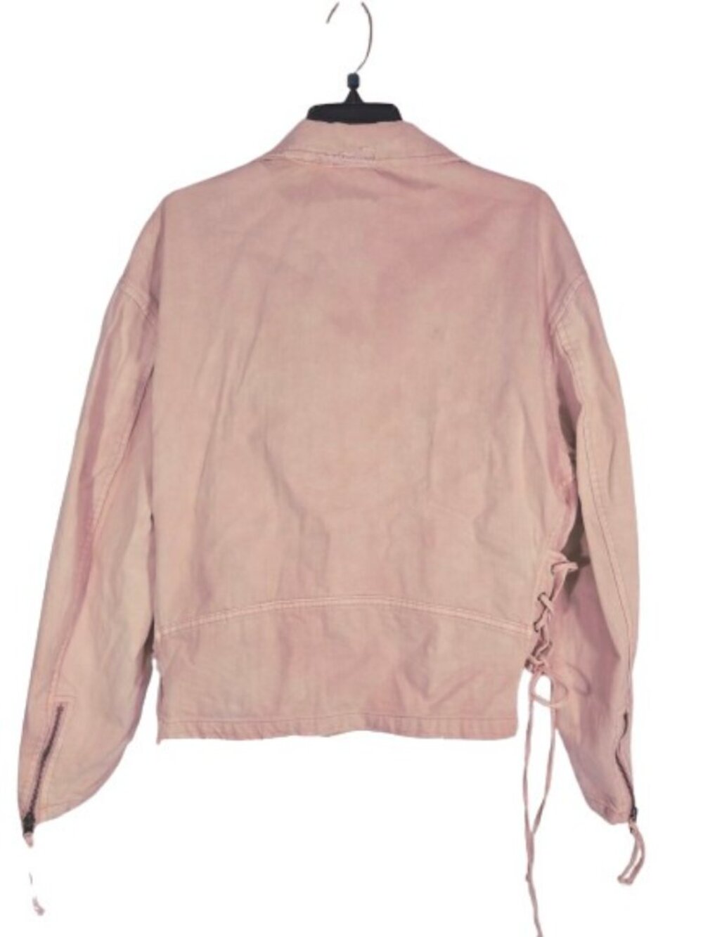 Free People Jacket Moto Washed Rose Pink Denim Lace Up Sides Belted Zippers M - Picture 5 of 6